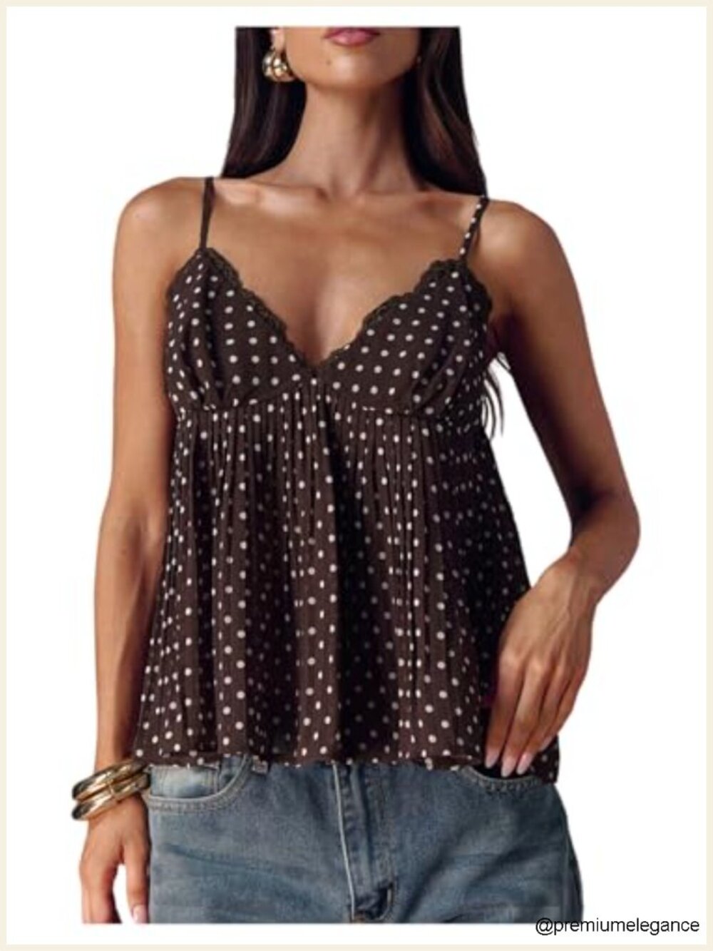 Polka Dot Babydoll Peplum Cami Top Flowy Lace Trim Sleeveless V Neck Spaghetti